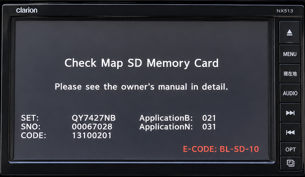 Clarion NX513 displaying "Check Map SD Memory Card" and error BL-SD-10.