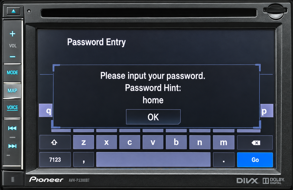 Pioneer head unit displaying a password-entry prompt.
