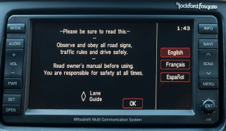 Mitsubishi MMCS J-02 head unit displaying its startup menu