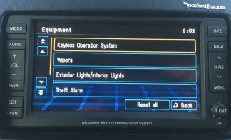 Mitsubishi MMCS J-04 head unit displaying its Equipment menu