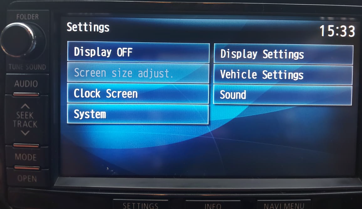 Mitsubishi MMCS J-13 head unit showing the Settings menu in English
