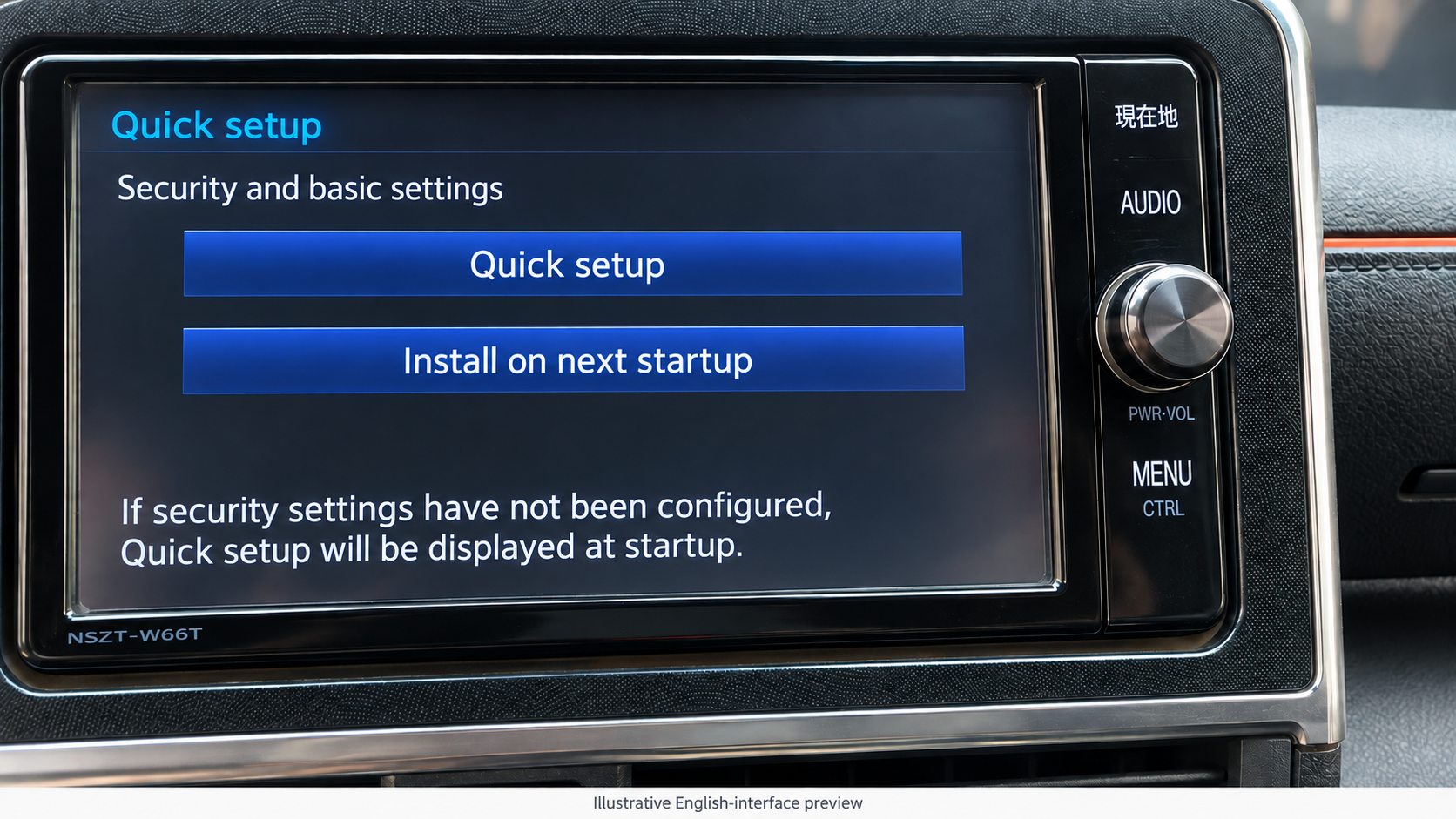 Illustration of an English Quick setup interface on a Toyota NSZT-W66T